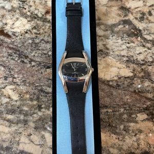 Anne Klein Silver Watch With Black Leather Band